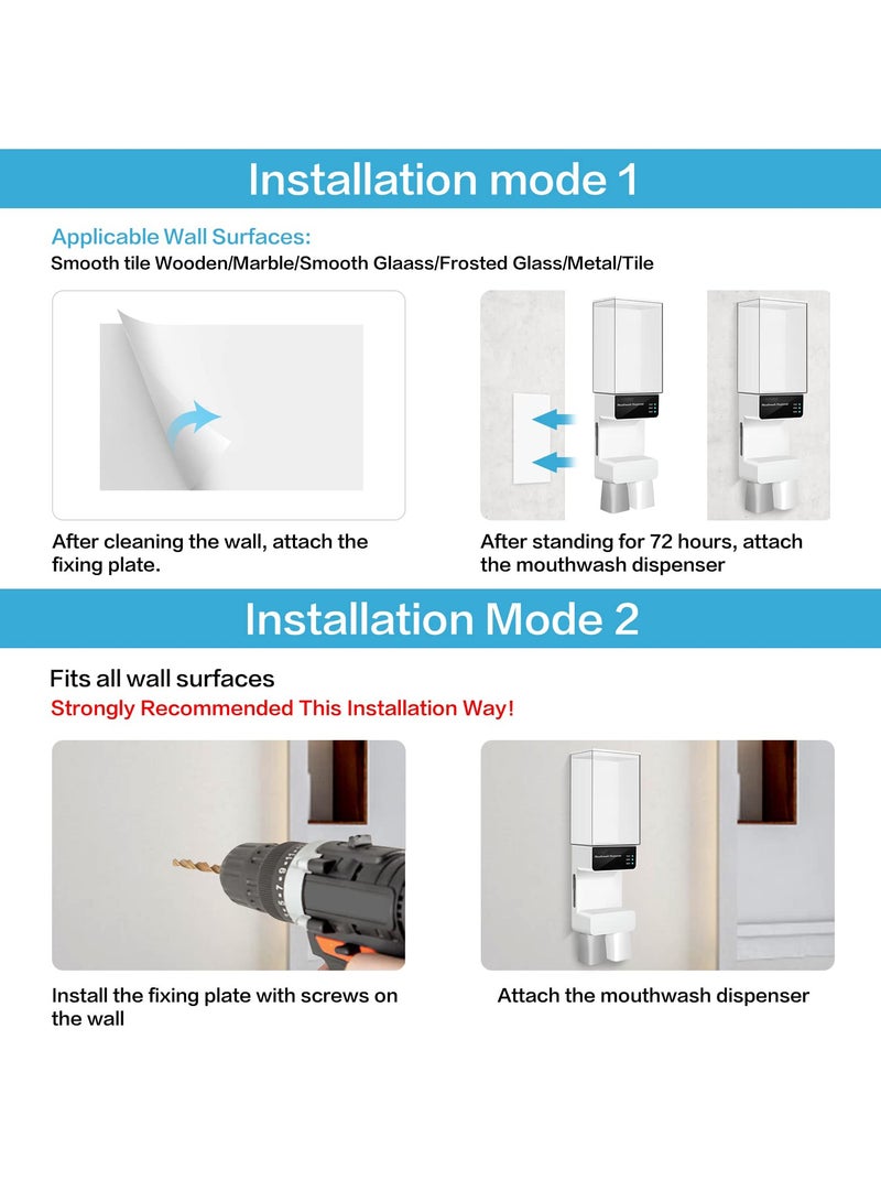 Automatic Mouthwash Dispenser with 2 Cups, 700ml Capacity, Electric Dispenser with 10/20/30ml Settings, Dual Magnetic Cups for Kids and Adults, Ideal for Bathroom