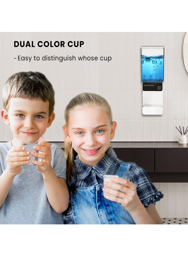 Automatic Mouthwash Dispenser with 2 Cups, 700ml Capacity, Electric Dispenser with 10/20/30ml Settings, Dual Magnetic Cups for Kids and Adults, Ideal for Bathroom