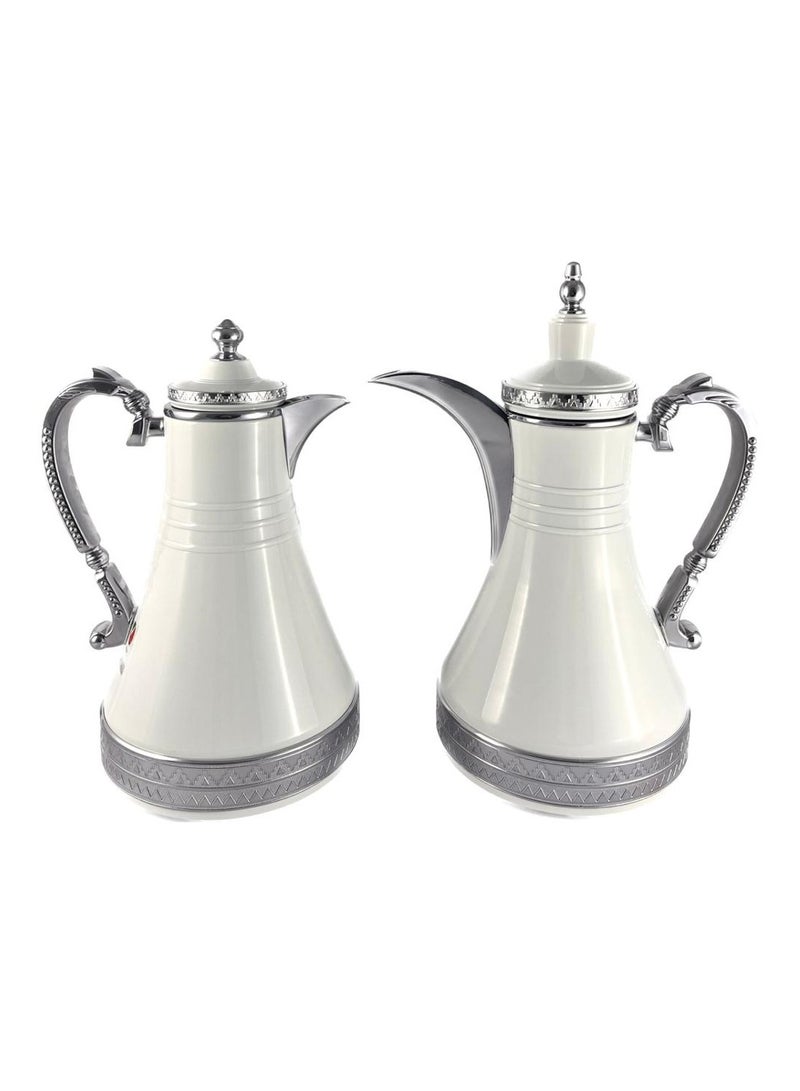 2-Piece Tea & Coffee Flask - 0.75 Liter & 1 Liter Capacity - Glass Inner - Steel Body - White & Silver