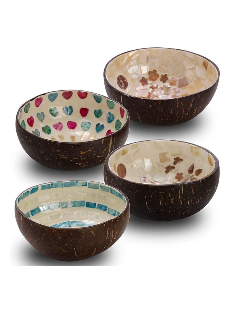4 Pack Coconut Shell Bowls Set with Assorted Beautiful Style Natural Bowls Decorative Coco Shell Bowls for Smoothie Serving Fruits Dry Snack Handmade Vegan Friendly