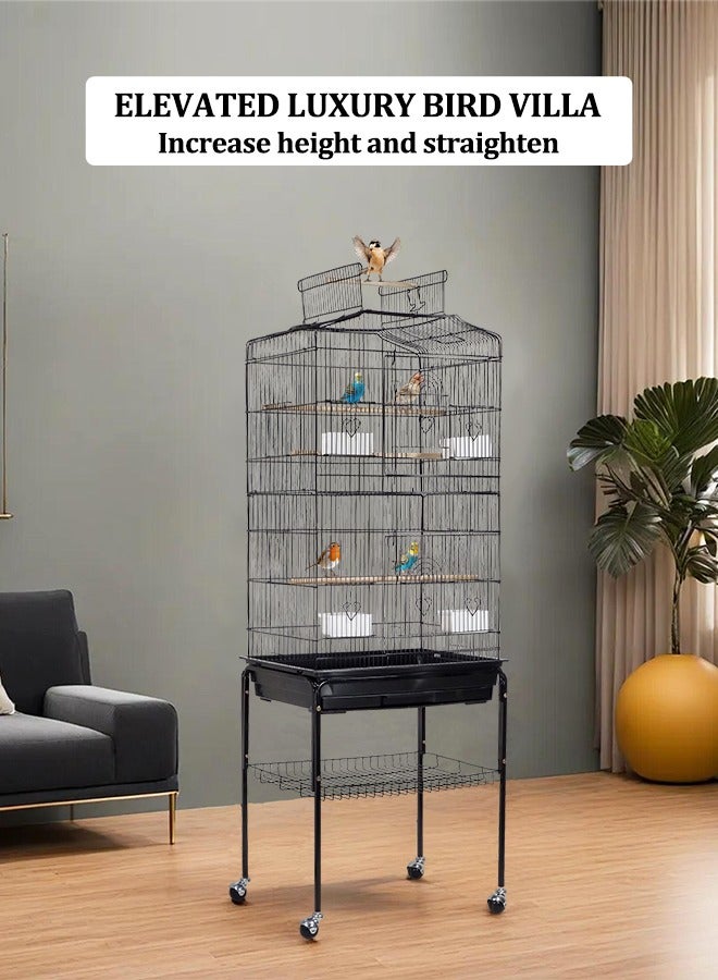Play open-top bird cage with a detachable rolling stand and storage shelf, bird house for medium-sized birds such as Parrots, Budgies, and Lovebirds 174 cm (Black)