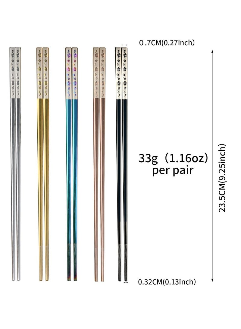 Stainless Steel Chopsticks, Colorful Reusable Chopsticks, Dishwasher Safe Metal Chopsticks Square Lightweight Chop Sticks, Gift Set 5 Pairs