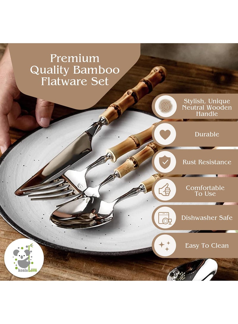 Bamboo Silverware Set Natural Bamboo Flatware Set Hand Crafted Bamboo Cutlery Utensils (5 sets, 20 Cutlery Pieces, Silver)