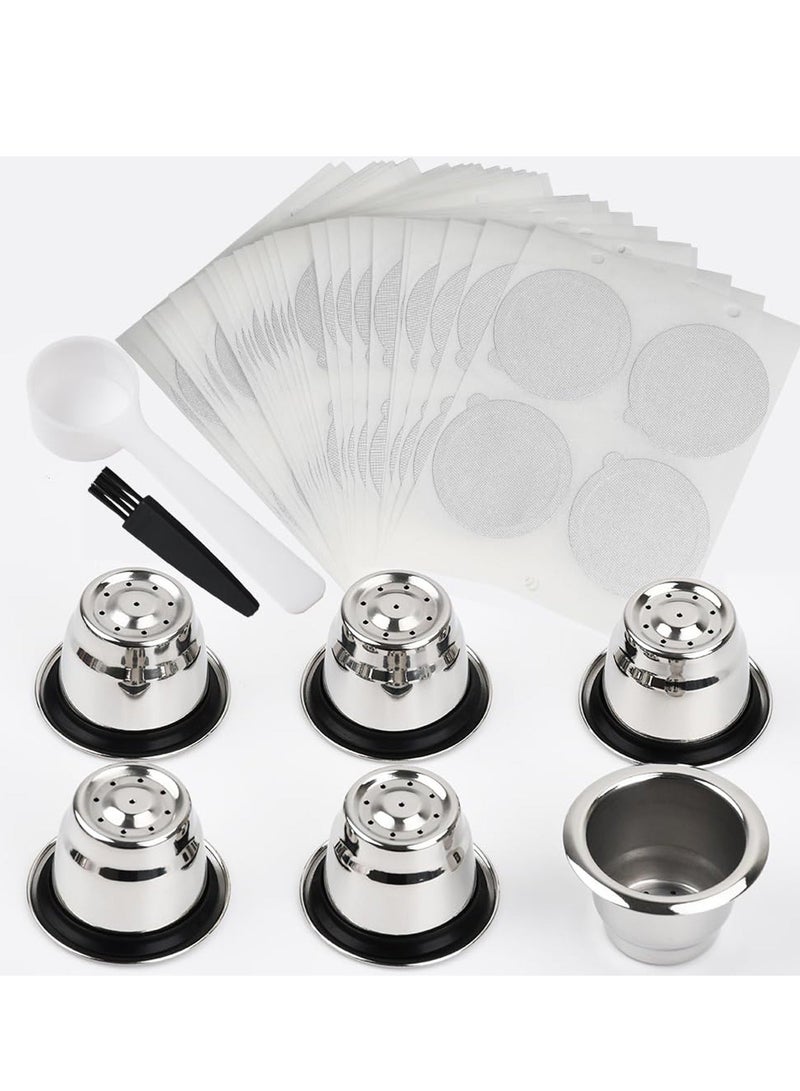Reusable Capsules for Nespresso Originalline, 6PCS Refillable Espresso Coffee Pods with Brush and Scoop, Stainless Steel Cups Filters Compatible for Nespresso Machine(6 Cups + 50lids)