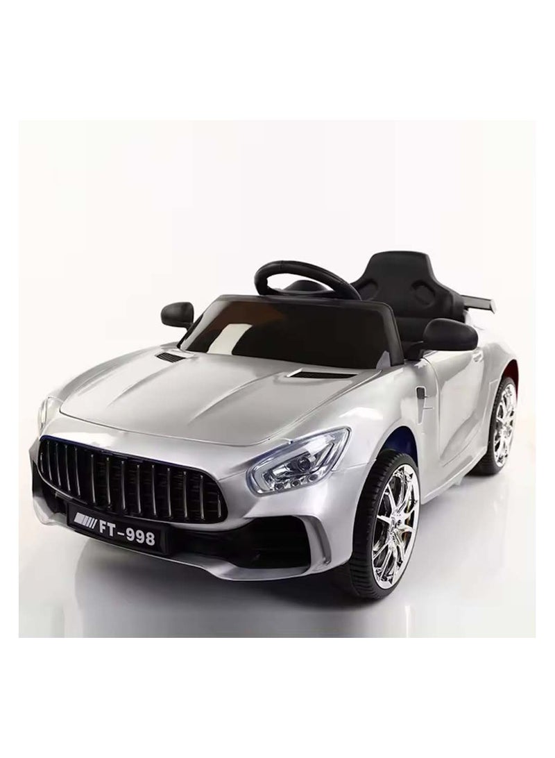 Rechargeable FT 998 Car Battery Operated Ride On USB Slot Wireless Remote Control Driving Speed Modes and LED Lights Horn Seat Belt 2 to 8 years Silver