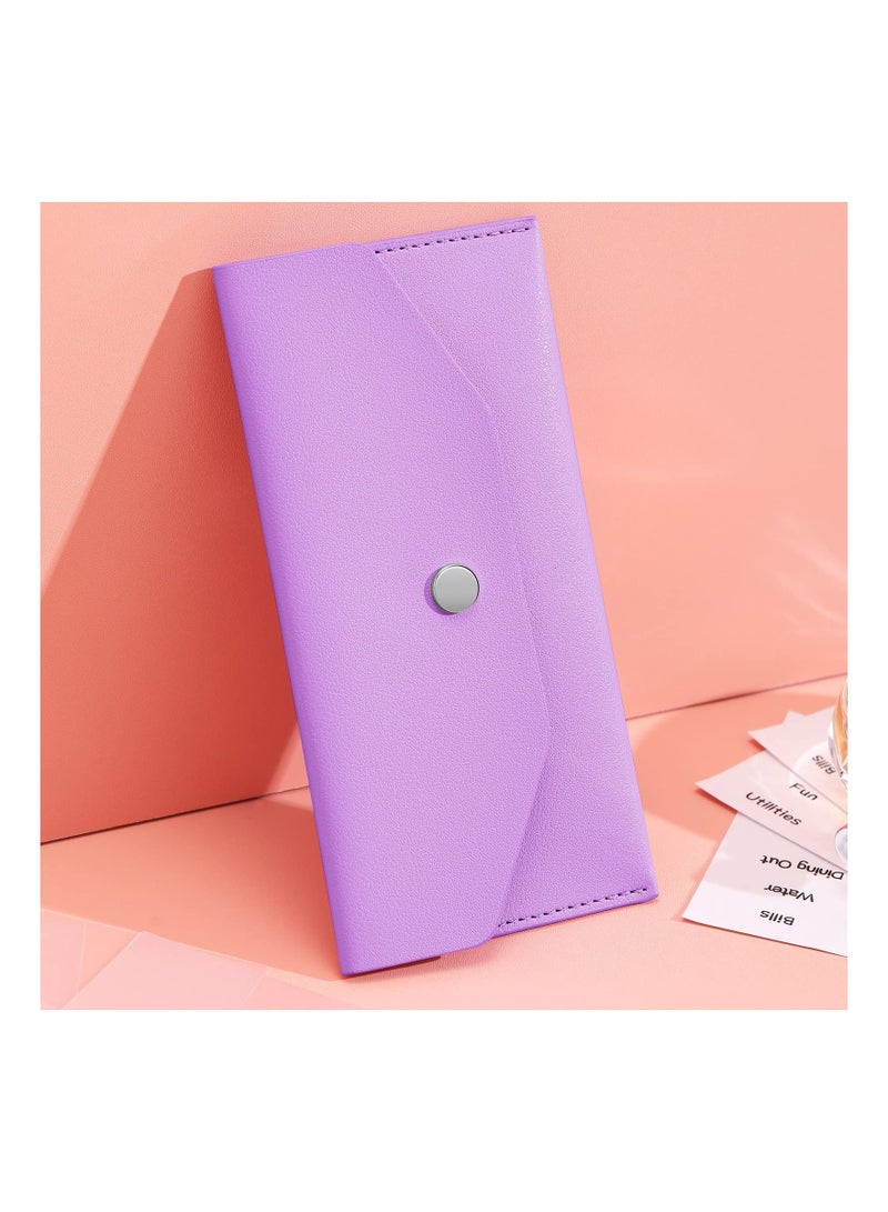 11 Pieces Cash Envelope Wallet PU Leather Cash Envelopes Cash Wallet Reusable Budget Envelope Cash Dividers for Wallets with Cash Envelope Tab Stickers for Bill Planner (Purple Wallet)