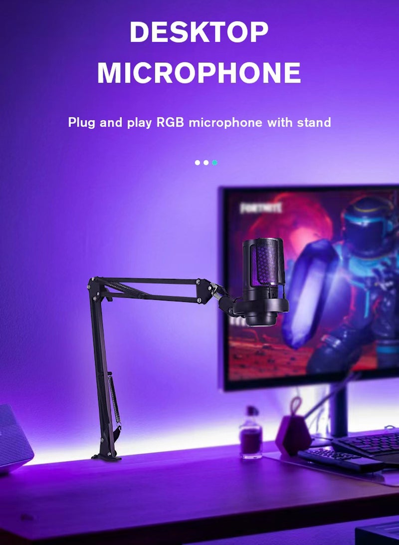 Gaming PC USB Microphone Podcast Condenser Mic With Adjustable Arm Stand Pop Filter Mute Button For Streaming Twitch Online Chat Snapchat Computer Mic For PS4 PS5 PC Gamer Youtuber