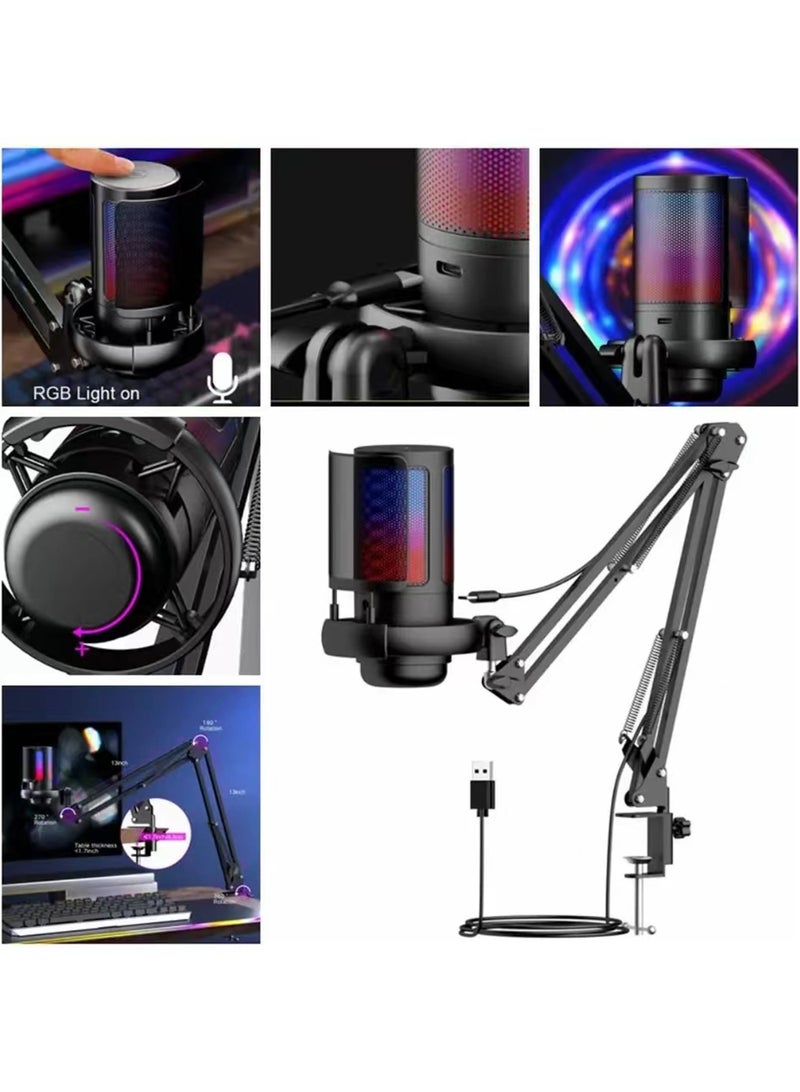 Gaming PC USB Microphone Podcast Condenser Mic With Adjustable Arm Stand Pop Filter Mute Button For Streaming Twitch Online Chat Snapchat Computer Mic For PS4 PS5 PC Gamer Youtuber