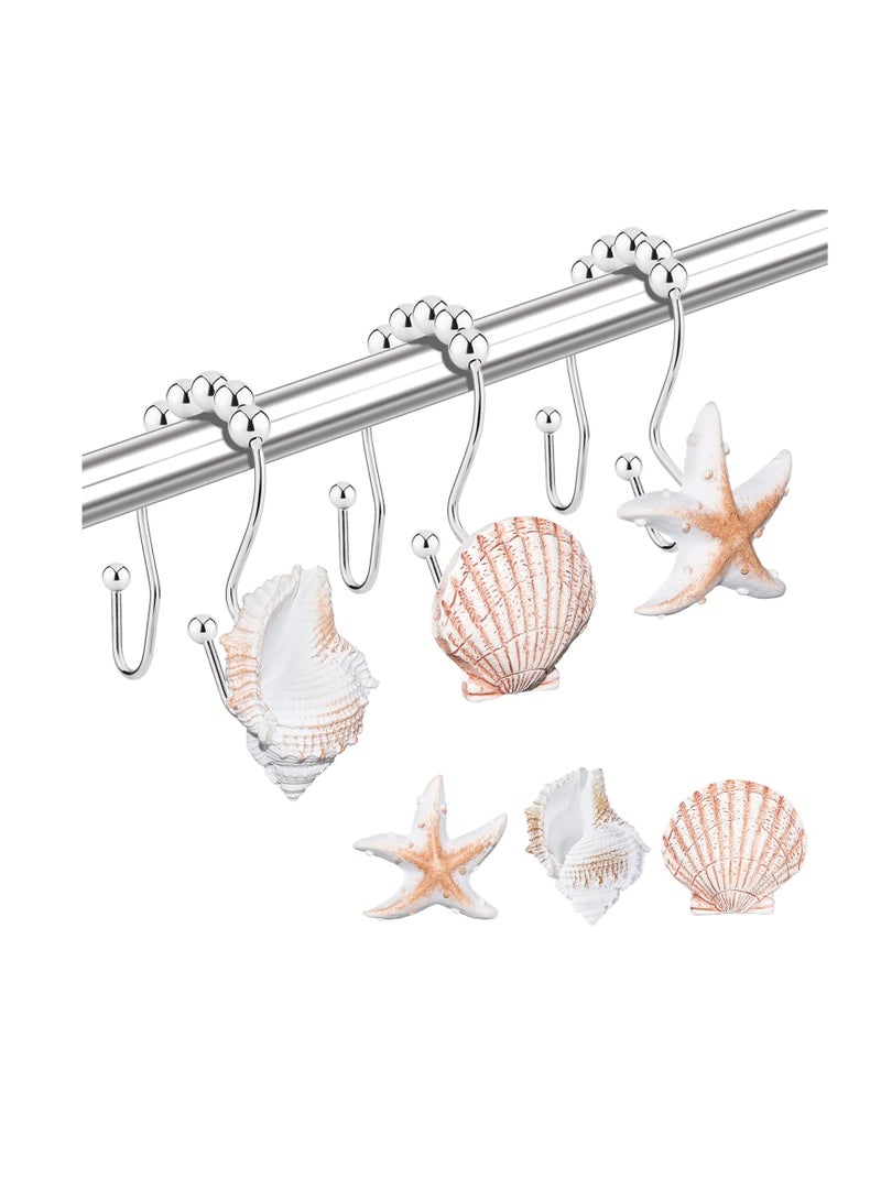 Seashell Shower Curtain Hooks Ring, 12 Pcs Anti Rust Seashell Decorative Double Resin Hooks, for Beach Bathroom, Baby Room, Bedroom, Living Room Decor