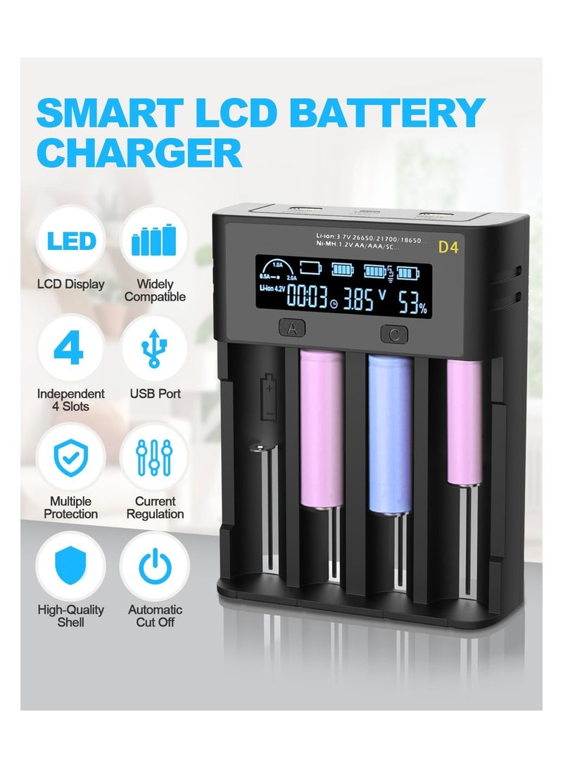 4-Slot Universal Rechargeable Battery Charger, 18650 Battery Charger LCD Display Battery Charger High-Speed Battery Charger with Micro USB for Li-ion Batteries 18650 26650, Ni-MH/Ni-Cd A AA AAA