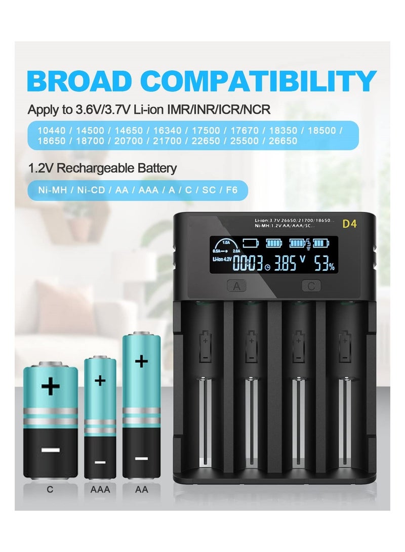 4-Slot Universal Rechargeable Battery Charger, 18650 Battery Charger LCD Display Battery Charger High-Speed Battery Charger with Micro USB for Li-ion Batteries 18650 26650, Ni-MH/Ni-Cd A AA AAA