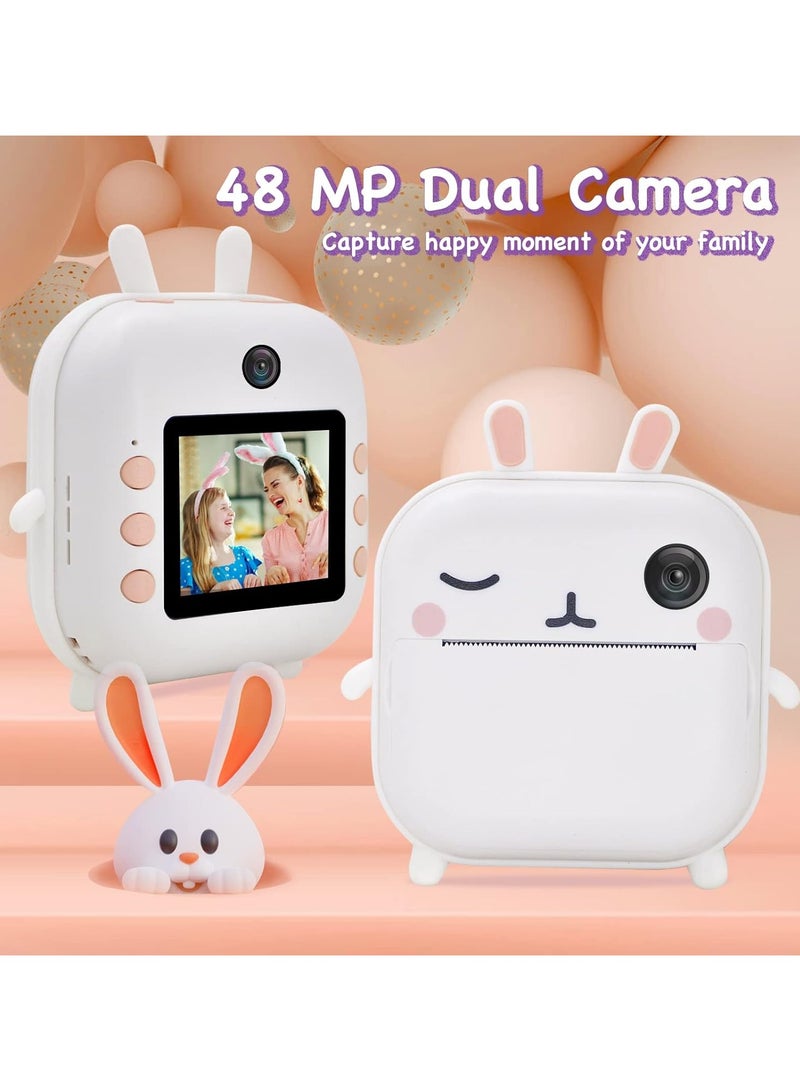 Instant Camera for Children Mini Thermal Printing Camera 32 TF Card Display 2.4 inch 1080P HD Video Photo 48MP Dual Camera 2 rolls included White Rabbit