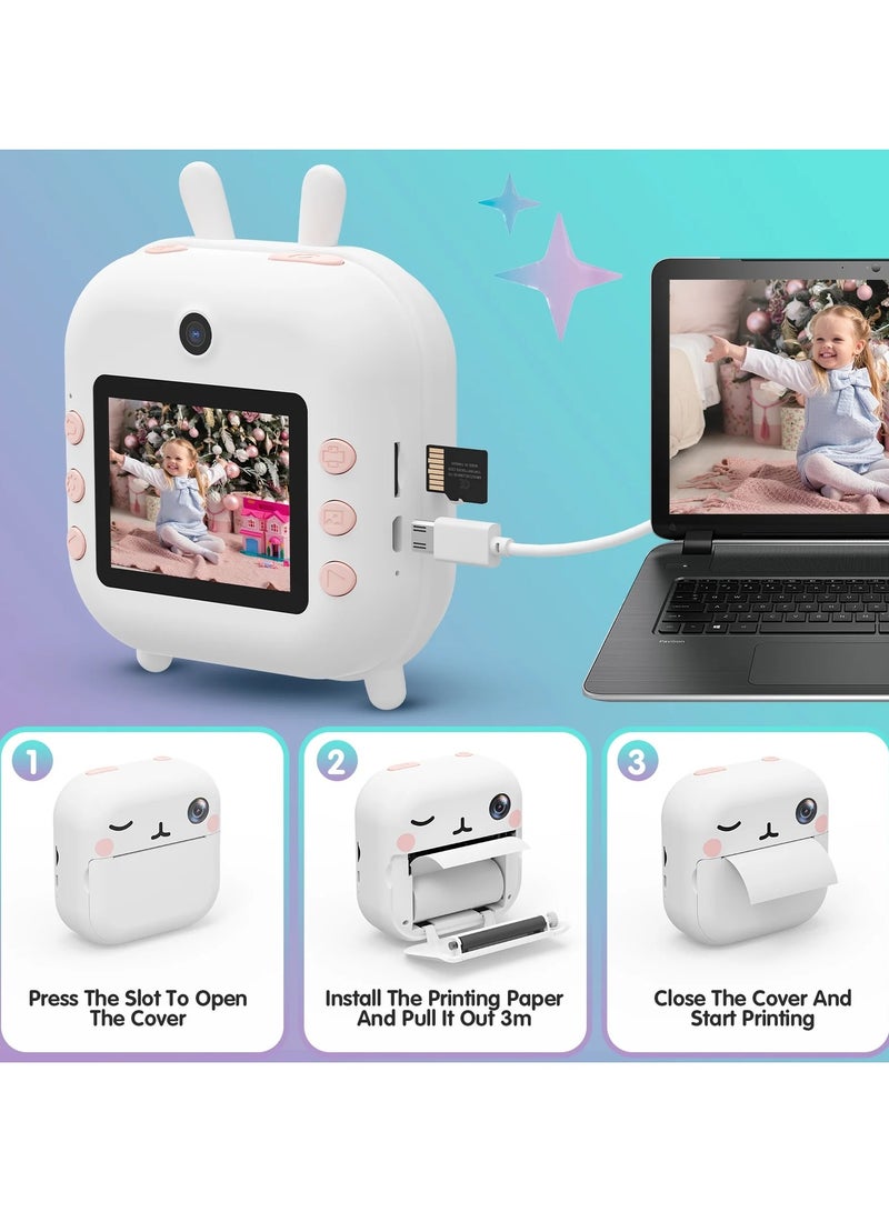 Instant Camera for Children Mini Thermal Printing Camera 32 TF Card Display 2.4 inch 1080P HD Video Photo 48MP Dual Camera 2 rolls included White Rabbit