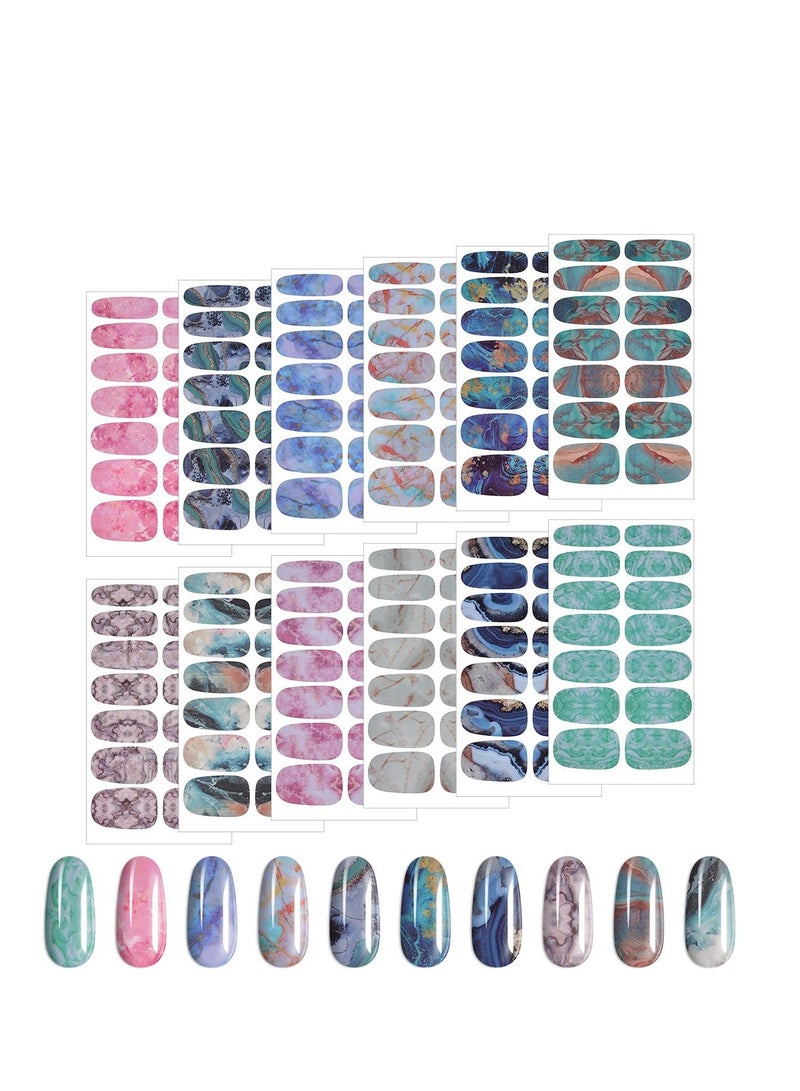 Marble Nail Art Polish Stickers Full Wrap Strips 12 Sheets Self-Adhesive Nail Polish Stickers Decal Marble Printed Full Wraps Strips Nail Art Polish Decals for Women Girls