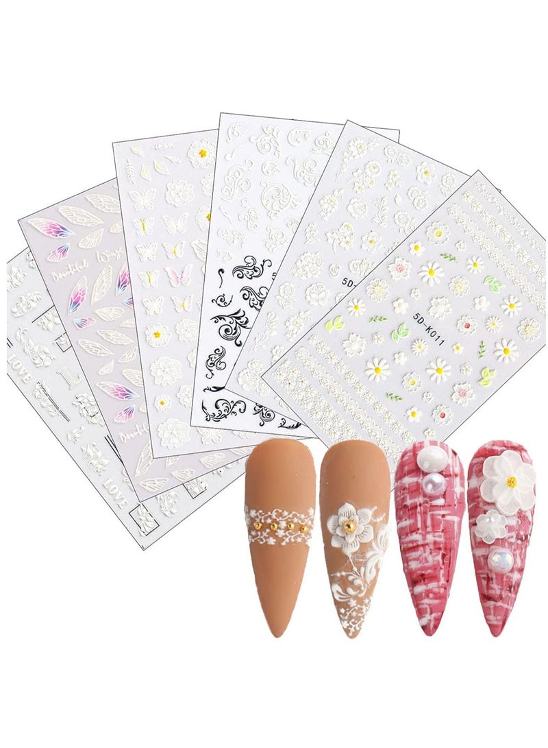 5d Stereoscopic Embossed Flowers Nail Art Stickers Decals, Real 3d Self-adhesive Nail Art Supplies White Lace Rose Flower Wings Nail Design for Diy Acrylic Nail Decoration 6 Sheets