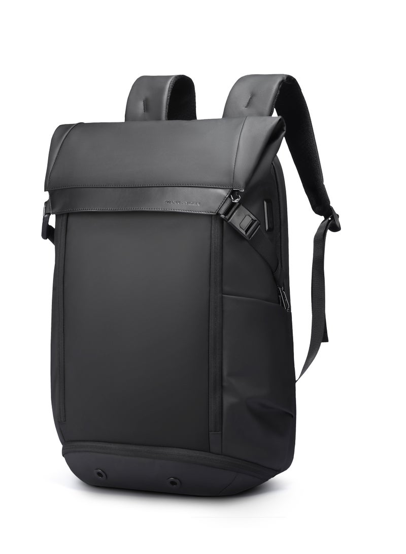 MARK RYDEN Casual backpack with top flap, 25-36 litres, expandable backpack with magnetic buckle, hydrophobic fabric, fits 17.3 inch computer, YKK zip, separate shoe compartment USB, black