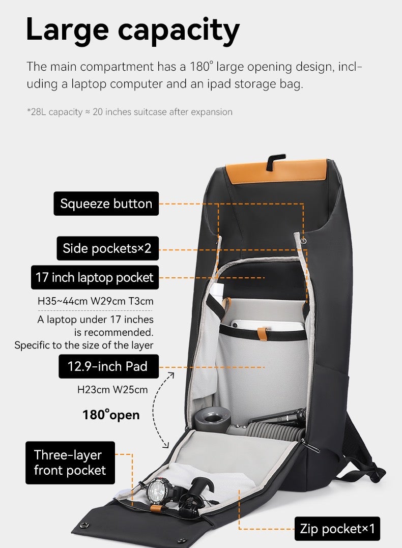 MARK RYDEN 2975 Five Types Capacity Adjustment,with Top Flap,YKK Zip Casual Travel Business Backpack, Hydrophobic Fabric, Suitable for 17 Inch Laptop