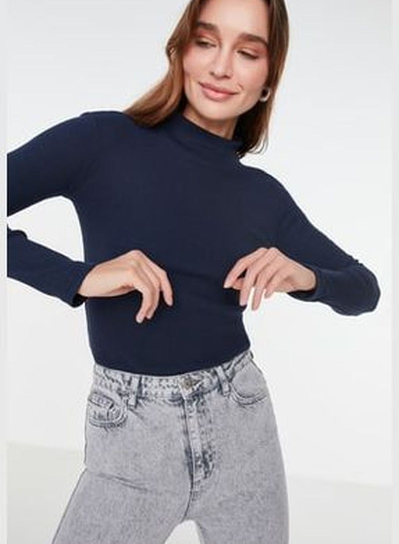 Navy Blue Fitted/Situated Collar Long Sleeve Ribbed Stretch Knit Blouse TWOAW21BZ0423