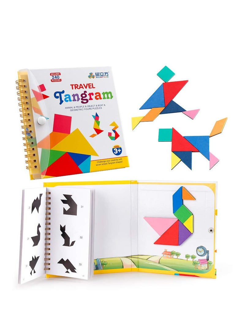 Travel Tangram Puzzle with 3 Set of Magnetic Tangram Road Trip Tangoes Jigsaw Shapes Dissection Games with Solution IQ Book Educational Toy Brain Teaser Gift for Kid Adult Challenge