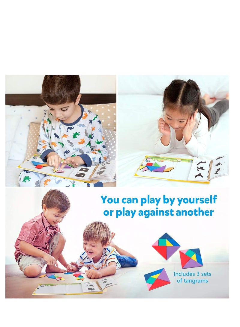 Travel Tangram Puzzle with 3 Set of Magnetic Tangram Road Trip Tangoes Jigsaw Shapes Dissection Games with Solution IQ Book Educational Toy Brain Teaser Gift for Kid Adult Challenge