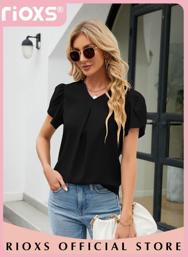 Women's Summer Casual Short Sleeve V-Neck Collared Shirts Fashion Loose Business Chiffon Blouses