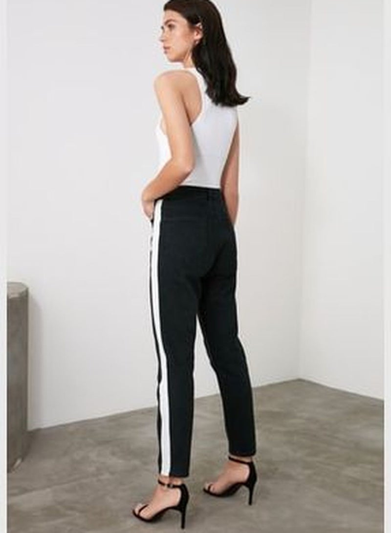 Black High Waist Mom Jeans with Side Stripes TWOAW21JE0719