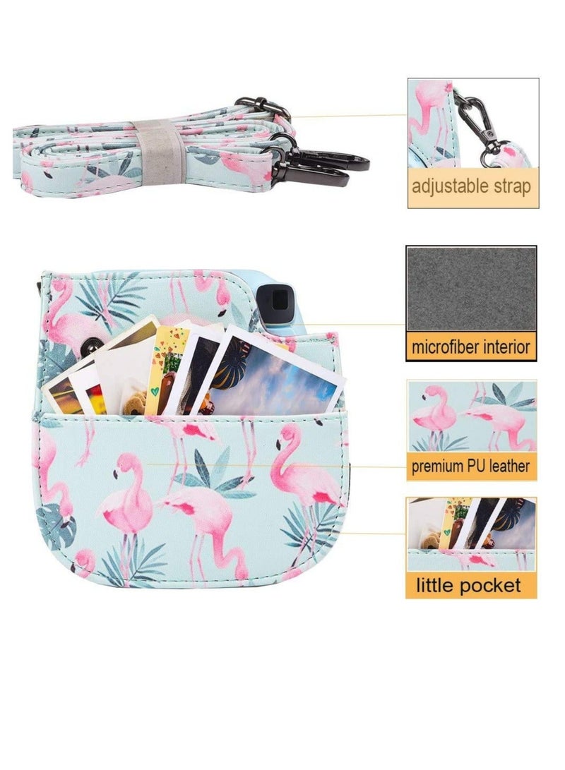 Camera Case for Fujifilm Instax Mini 11/ 9/ 8/8+ Instant Film Camera Vintage Flamingo PU Leather Side with Accessory Pocket and Adjustable Shoulder Strap