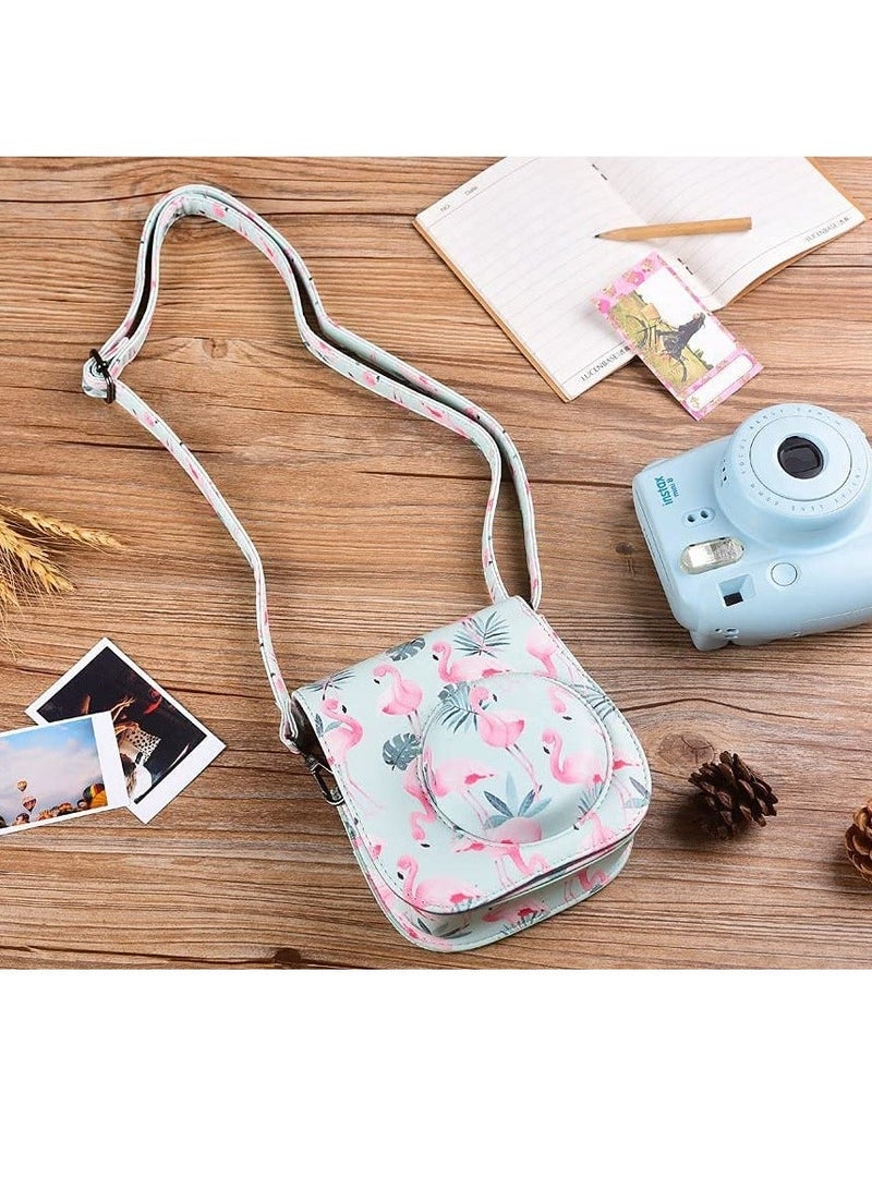 Camera Case for Fujifilm Instax Mini 11/ 9/ 8/8+ Instant Film Camera Vintage Flamingo PU Leather Side with Accessory Pocket and Adjustable Shoulder Strap