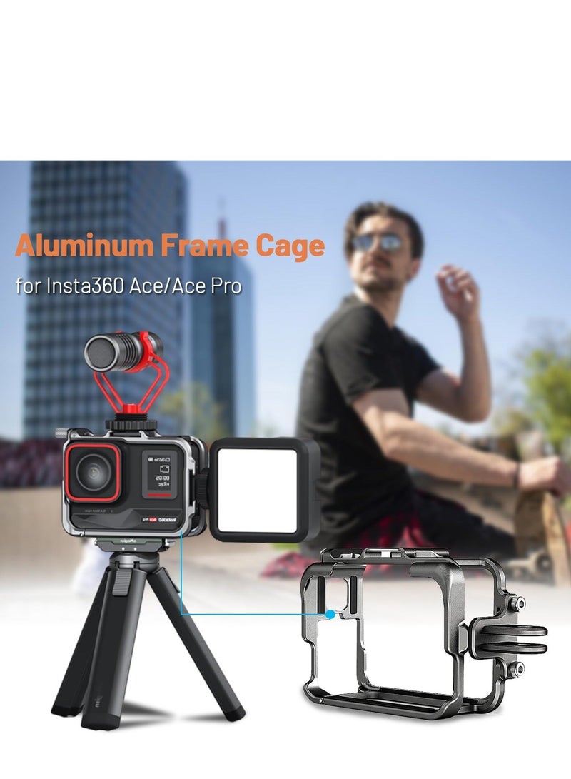 Aluminum Frame Cage with Lens Cap for Insta360 Ace/Ace Pro, with Lens Silicone Case, Metal Protective Durable Housing Case, with Cold Shoe Mount, Compatibel with Official Pivot Stand Mount