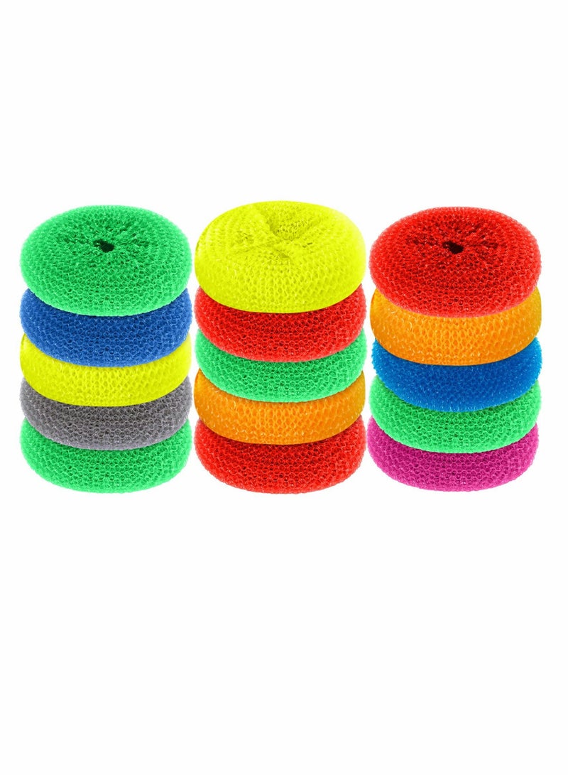 Plastic Dish Scrubbers for Dishes, Round Scrubber Scouring Pad Nylon Scrubber, Poly Mesh Pads Non Scratch (Rainbow Colors,15 Pcs)
