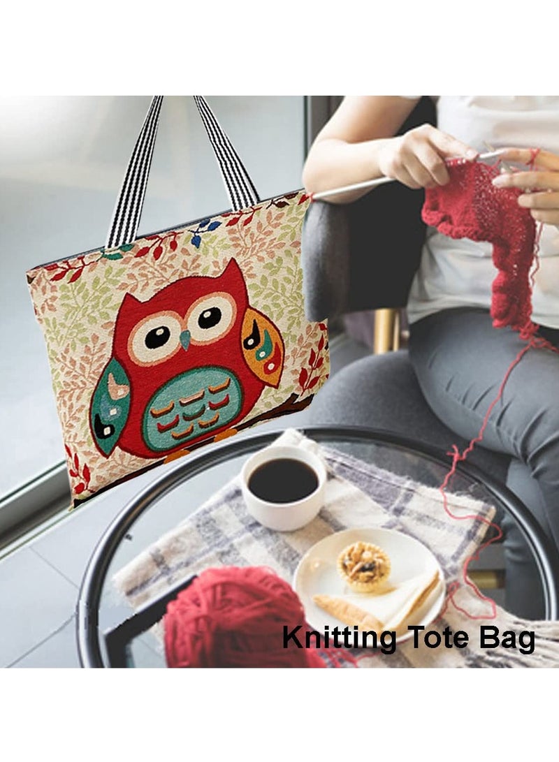 Knitting Tote Bag Large Knitting Bag with Zipper Embroidered Shoulder Portable Beach Bag Reusable Shopping Bags Owl Pattern Crochet Bag for Shopping Traval Climb Mountain