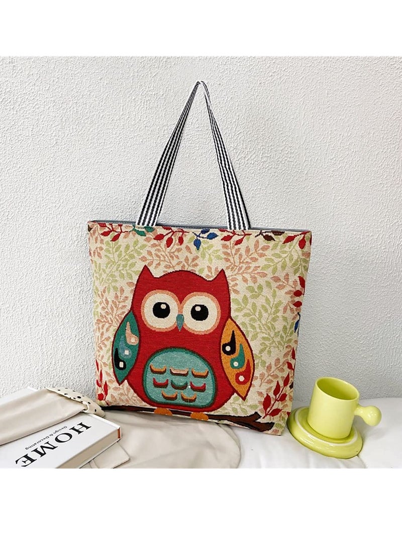 Knitting Tote Bag Large Knitting Bag with Zipper Embroidered Shoulder Portable Beach Bag Reusable Shopping Bags Owl Pattern Crochet Bag for Shopping Traval Climb Mountain