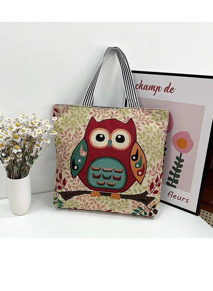 Knitting Tote Bag Large Knitting Bag with Zipper Embroidered Shoulder Portable Beach Bag Reusable Shopping Bags Owl Pattern Crochet Bag for Shopping Traval Climb Mountain