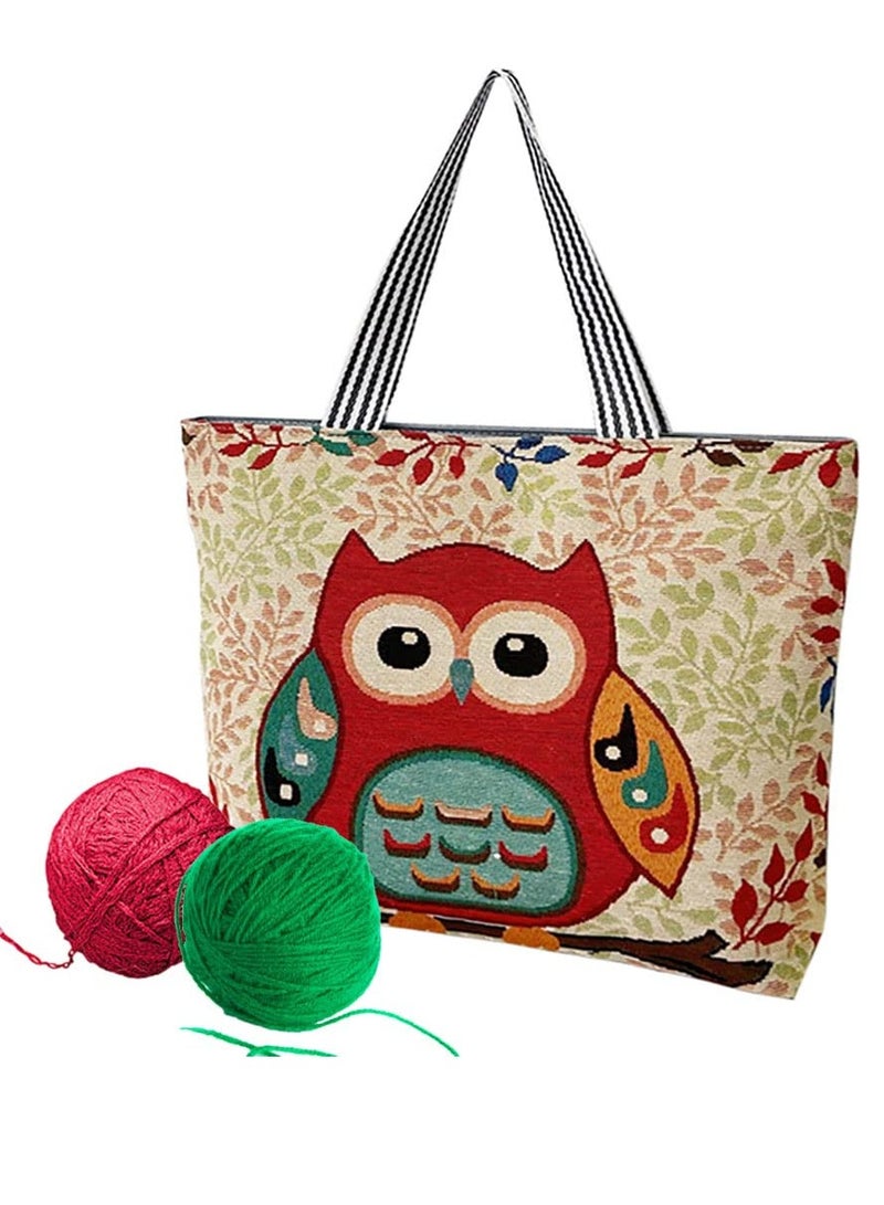 Knitting Tote Bag Large Knitting Bag with Zipper Embroidered Shoulder Portable Beach Bag Reusable Shopping Bags Owl Pattern Crochet Bag for Shopping Traval Climb Mountain