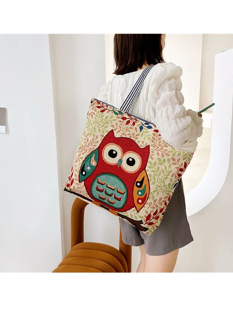 Knitting Tote Bag Large Knitting Bag with Zipper Embroidered Shoulder Portable Beach Bag Reusable Shopping Bags Owl Pattern Crochet Bag for Shopping Traval Climb Mountain
