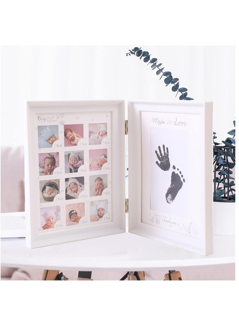 Baby Hand and Footprint Kit Framed Photo Anniversary Growth Record Gifts Reusable Ink Cartridge Frame Foldable White