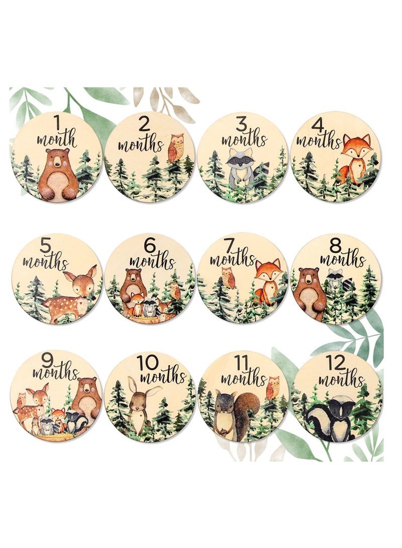 Woodland Baby Monthly Milestone 12Pcs Wooden Newborn Welcome Discs Sign Round New Baby Sign Double Sided Cute Animal Printed Baby's First Year Age Announcement for Boys Girls Photo Prop Baby Shower