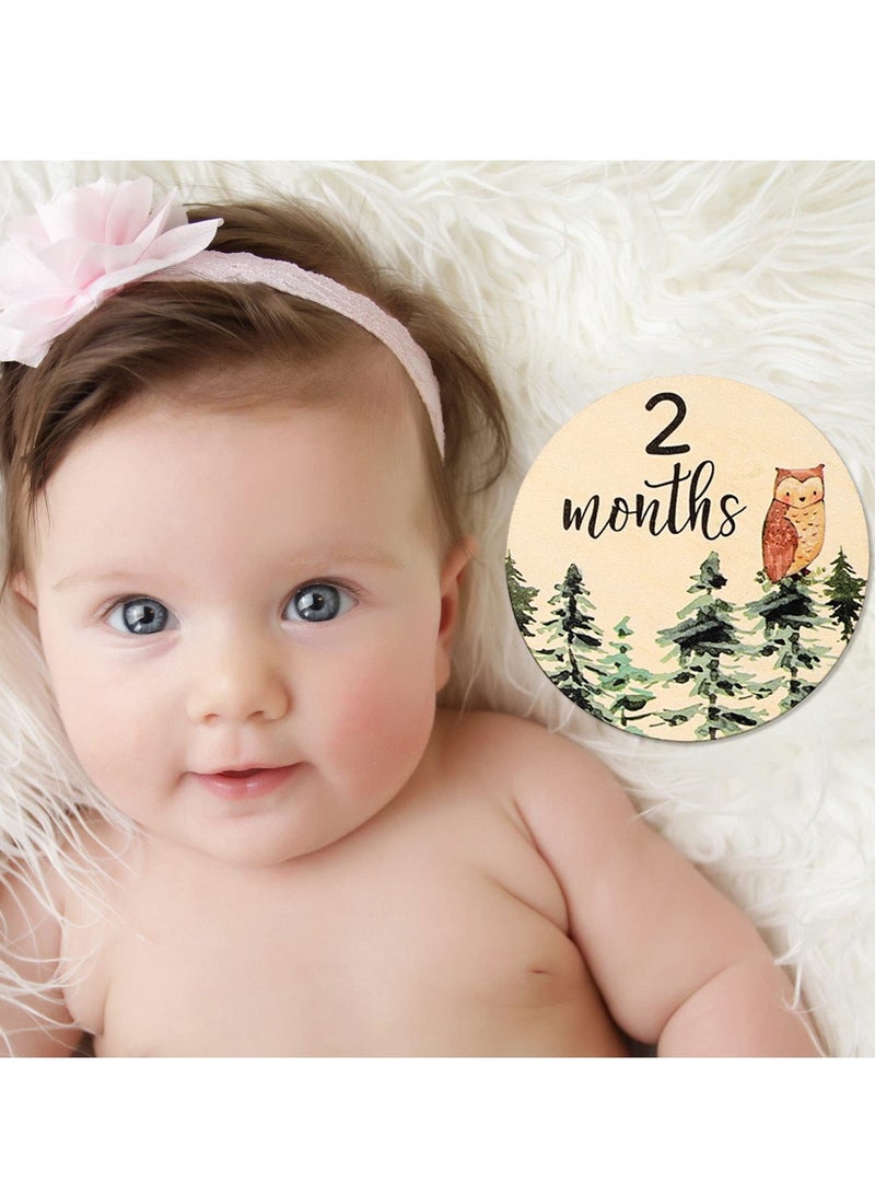 Woodland Baby Monthly Milestone 12Pcs Wooden Newborn Welcome Discs Sign Round New Baby Sign Double Sided Cute Animal Printed Baby's First Year Age Announcement for Boys Girls Photo Prop Baby Shower