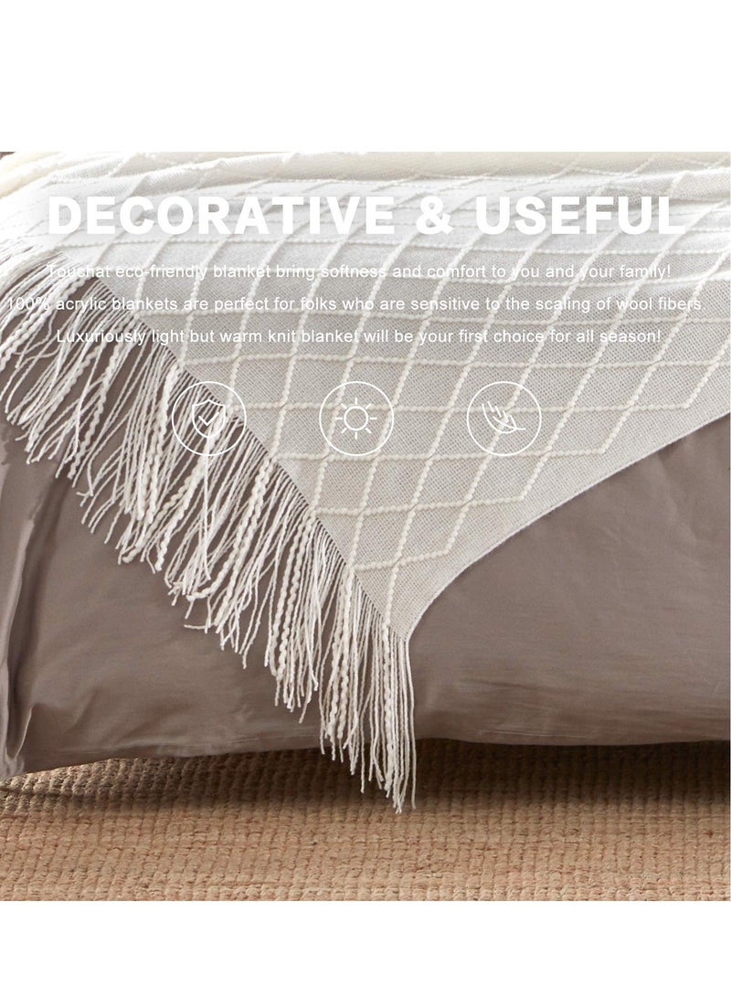 Sofa Decorative Blanket, Soft and Comfortable Knitted Blanket with Tassels for Sofa and Bed Diamond Shaped Coverlet Lightweight Decorative Bed End Blanket Nap Blanket (beige, 127x152cm)