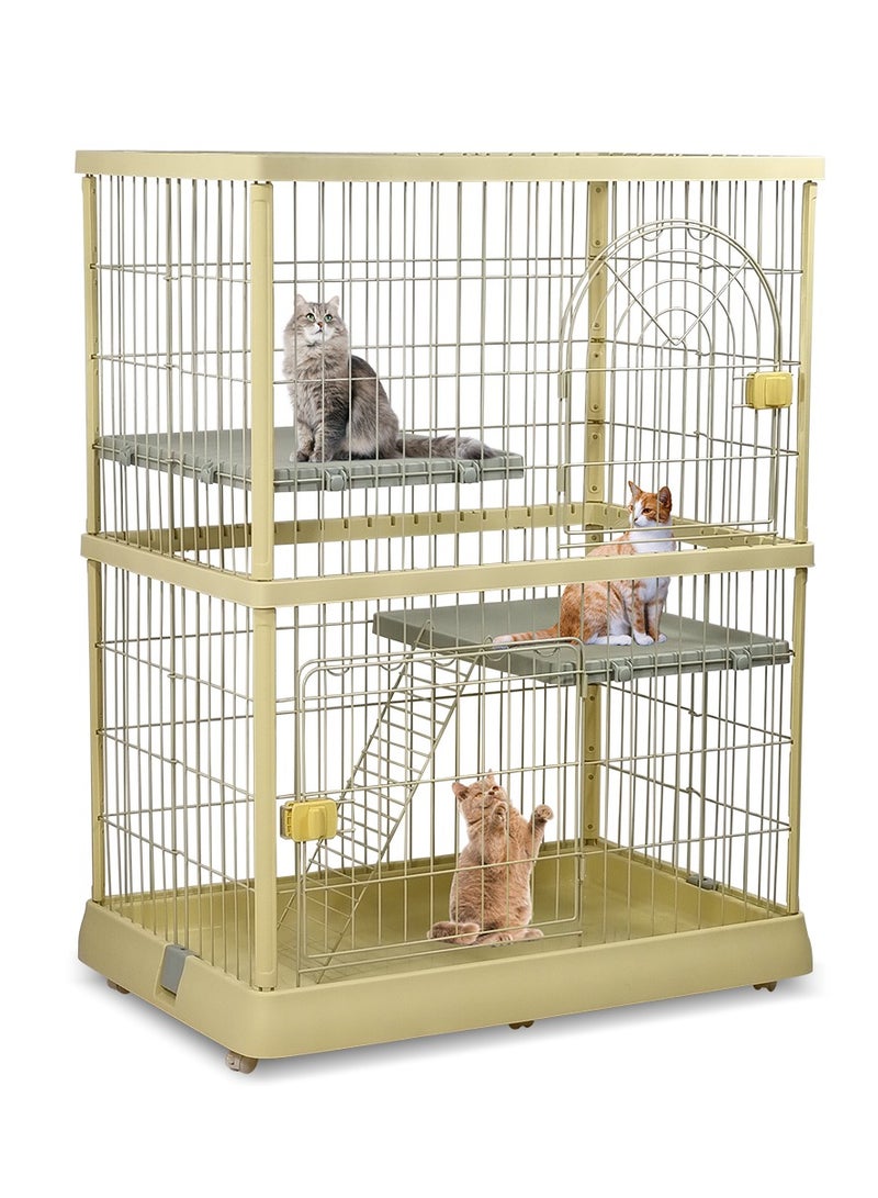 Cat cage playpen, Pet cage large space 108 cm, Yellow cat cage with 2 Platforms 2 Front Doors 1 Ladders, Indoor and out door cat cage with wheels.