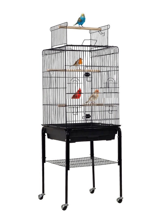 Bird cage with a detachable rolling stand, Storage shelf, and Opening roof, Wrought iron bird cage for small to medium Parrots, Budgies, and Lovebirds 136 cm (Black)