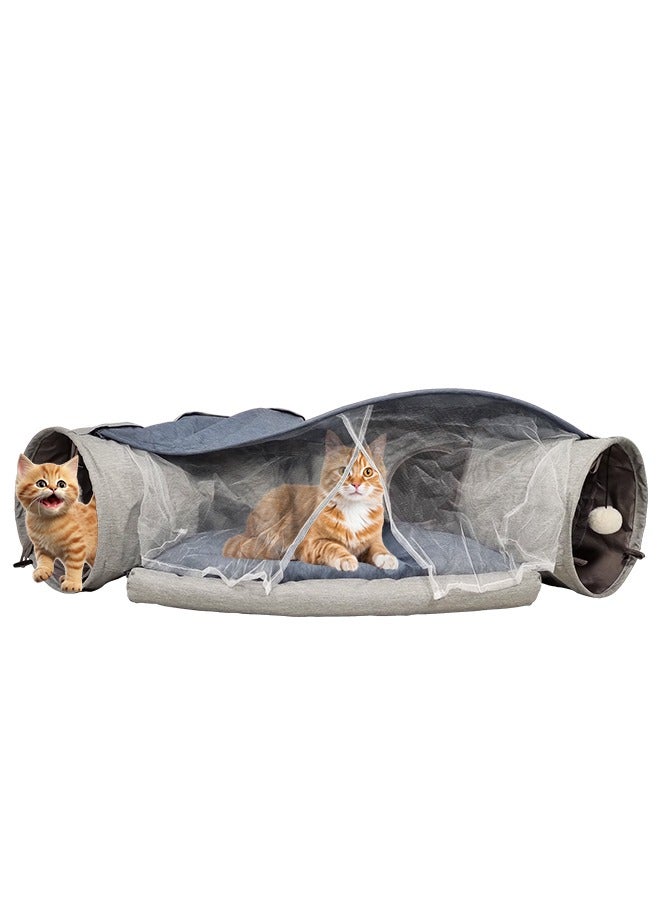 Cat tunnel bed with cushion mat and cat toy, 2 in 1 foldable and washable cat bed for indoor cats with an interactive tunnel, Peak hole hideout house for kittens and puppies 100 cm (Grey)