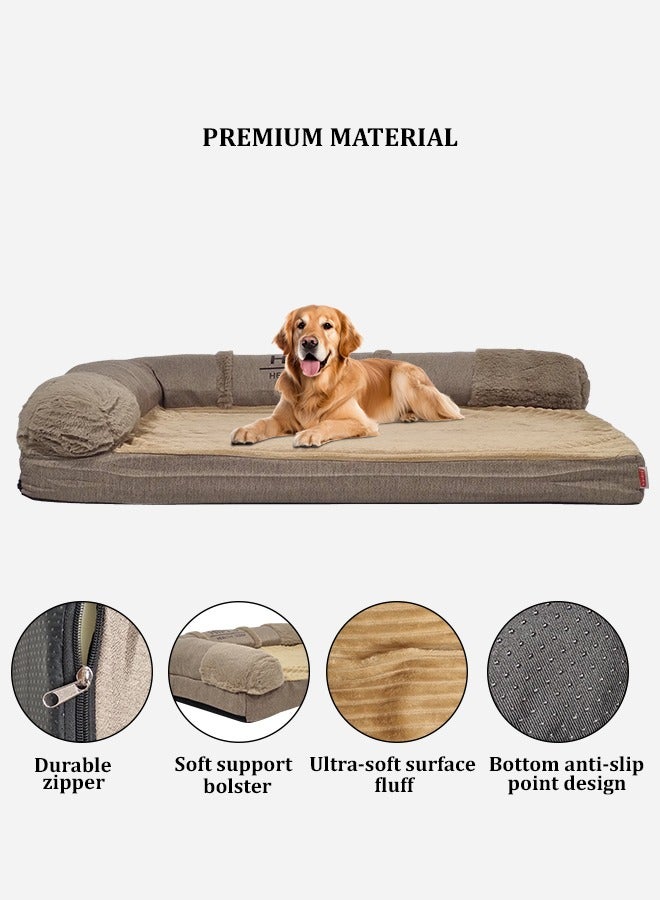 Memory foam XL dog bed with bolsters for all sized dogs, Perfect comfort orthopedic sofa bed with removable washable cover, Nonskid bottom 80 cm L (Khaki)