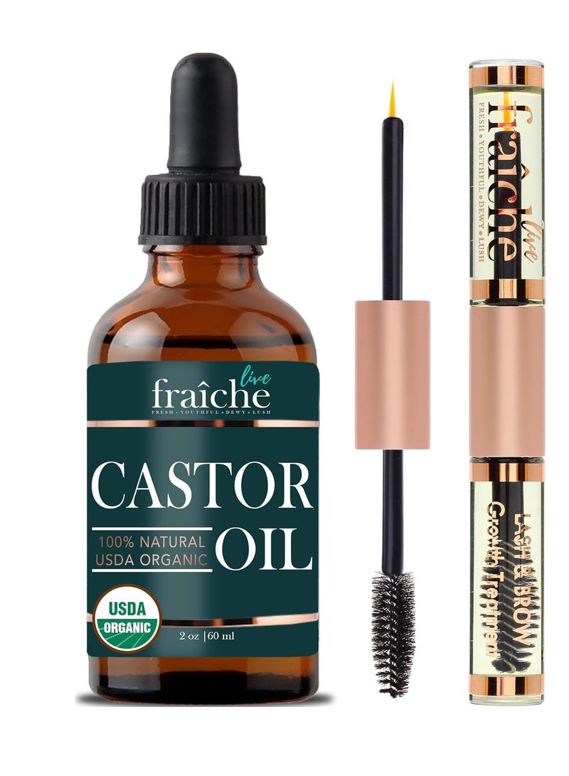Castor Oil Organic (2oz) + FREE Filled Mascara Tube USDA Certified, 100% Pure, Cold Pressed, Hexane Free by Live Fraiche. Hair Growth Oil for Eyelashes, Eyebrows, Lash Growth Serum. Brow Treatment