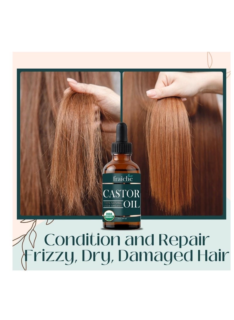 Live Fraiche Organic Castor Oil Lash Serum for Hair Growth, 100% Pure Eyebrow Eyelash Growth Serum, Cold Pressed Hexane Free (2oz Glass Bottle + FILLED Mascara Tube)