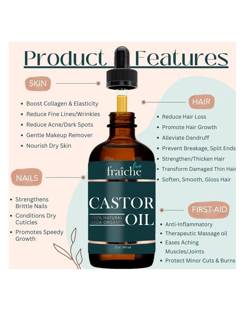 Live Fraiche Organic Castor Oil Lash Serum for Hair Growth, 100% Pure Eyebrow Eyelash Growth Serum, Cold Pressed Hexane Free (2oz Glass Bottle + FILLED Mascara Tube)