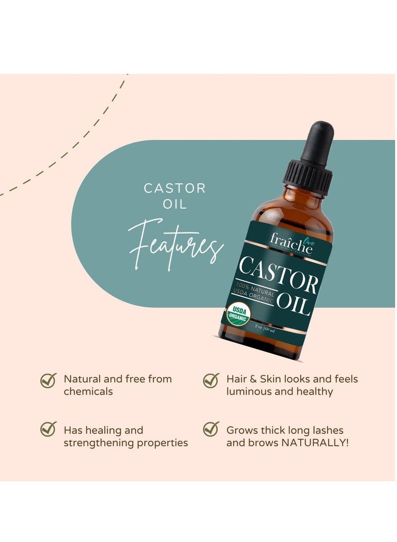 Live Fraiche Organic Castor Oil Lash Serum for Hair Growth, 100% Pure Eyebrow Eyelash Growth Serum, Cold Pressed Hexane Free (2oz Glass Bottle + FILLED Mascara Tube)
