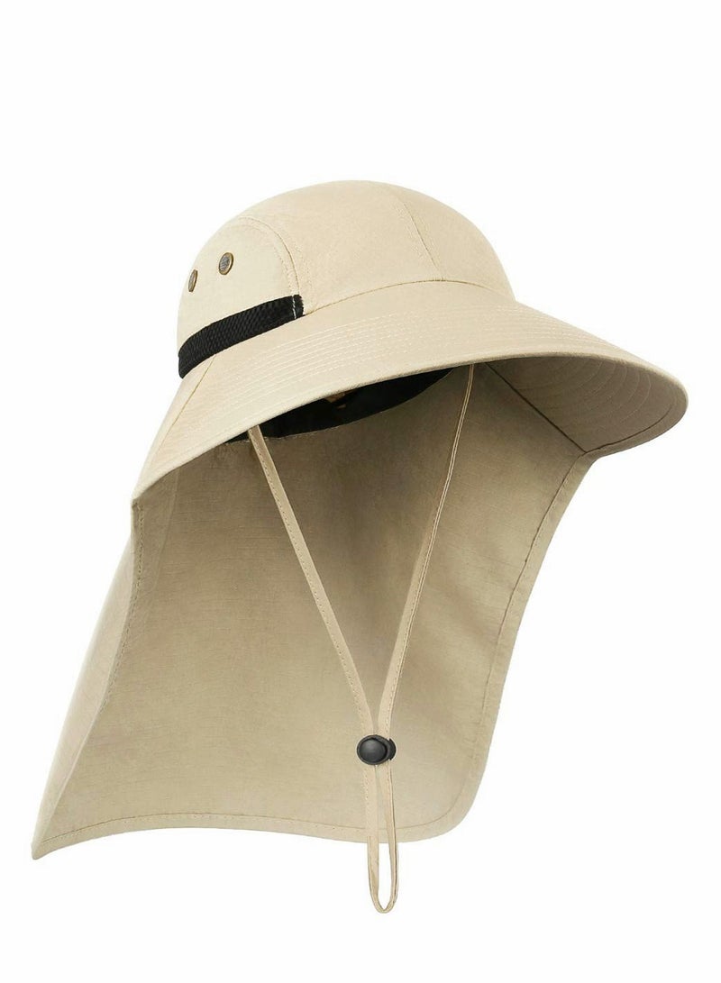 Outdoor Sun Hat for Men, 50+ UPF Protection Safari Cap Wide Brim Pure Cotton Fishing with Neck Flap, Khaki