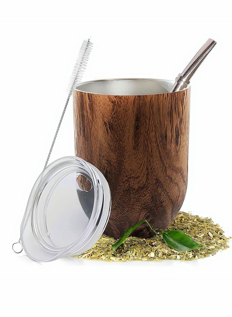 Yerba Mate Tea Cup Set, Includes Bombilla Straw, Lid and Cleaning Brush, Stainless Steel Double-Walled Tea Cup for Yerba Mate Loose Leaf Drinking, Easy to Clean, Natural Brown, 12 Ounces
