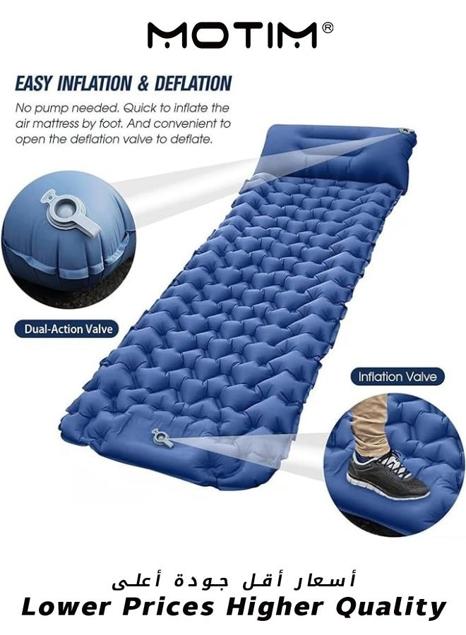 Camping Sleeping Pad Extra Thickness 3.9 Inch Inflatable Sleeping Mat with Pillow Built-in Pump Compact Ultralight Waterproof Camping Air Mattress for Hiking Tent Traveling Blue